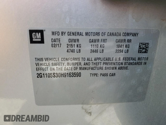 2017 Chevrolet Impala LT with VIN 2G1105S30H9163590, listed as a Copart auction lot 54397905 with 143,218 mi miles and Salvage Title. Bid and sale history available at DreamBid. Image 12.