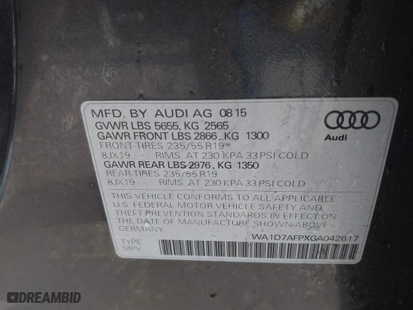 2016 Audi Q5 Premium Plus with VIN WA1D7AFPXGA042617, listed as a IAAI auction lot 41077195 with 161,239 mi miles. Bid and sale history available at carsss.com. Image 9.