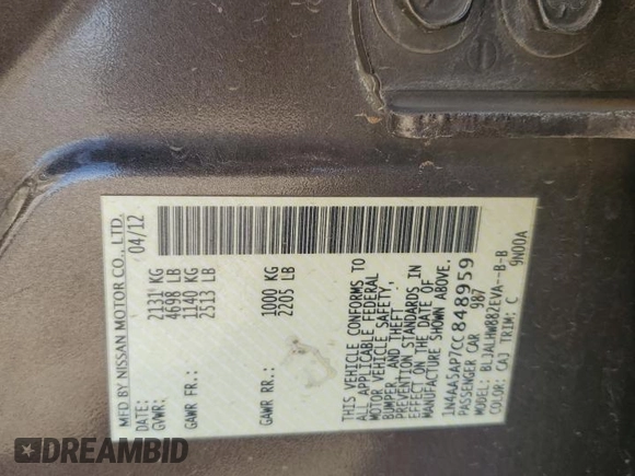 2012 Nissan Maxima S z VIN 1N4AA5AP7CC848959, wystawiony jako Copart lot #52231855 z przebiegiem 194 315 mil mil oraz Szkoda całkowita • Salvage title. Historia ofert i sprzedaży dostępna na DreamBid. Obrazek 12.