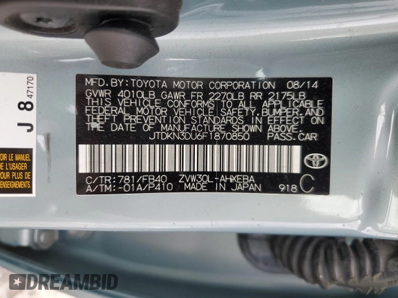 2015 Toyota Prius Four z VIN JTDKN3DU6F1870850, wystawiony jako Copart lot #59123565 z przebiegiem 215 537 mil mil oraz Szkoda całkowita • Salvage title. Historia ofert i sprzedaży dostępna na DreamBid. Obrazek 12.