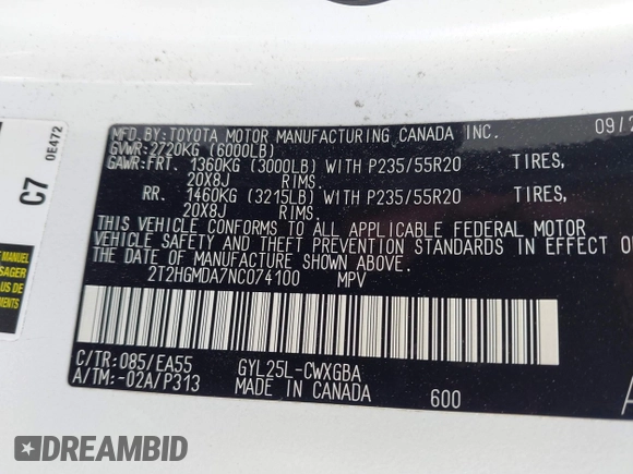 2022 Lexus RX 450h с VIN 2T2HGMDA7NC074100, выставлен на аукционе IAAI как лот 42463664 с пробегом 36 565 миль миль и . История ставок и продаж доступна на DreamBid. Изображение 9.