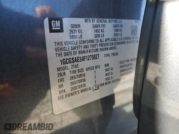 2015 Chevrolet Colorado 2WD WT with VIN 1GCGSAE34F1275827, listed as a Copart auction lot 45473985 with 75,502 mi miles and Clean title. Bid and sale history available at DreamBid. Image 14.