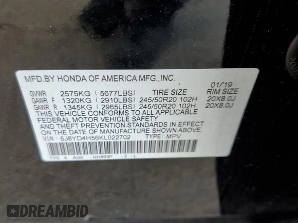 2019 Acura MDX w/Technology Pkg with VIN 5J8YD4H56KL022702, listed as a Copart auction lot 50815605 with 55,138 mi miles and Clean Title. Bid and sale history available at carsss.com. Image 13.