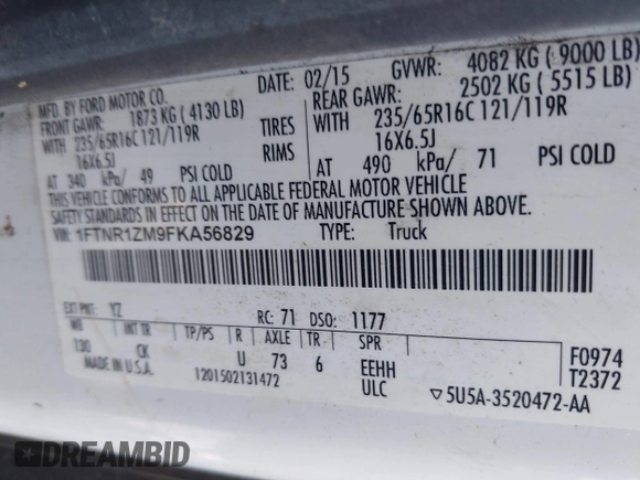 2015 Ford Transit Cargo with VIN 1FTNR1ZM9FKA56829, listed as a IAAI auction lot 42016014 with 261,768 mi miles. Bid and sale history available at carsss.com. Image 9.