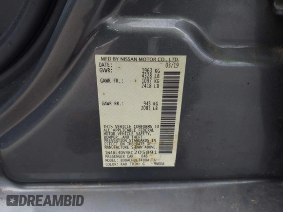 2019 Nissan Altima SV with VIN 1N4BL4DV4KC205891, listed as a IAAI auction lot 42414475 with 60,462 mi miles and . Bid and sale history available at DreamBid. Image 9.