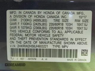 2018 Honda CR-V EX with VIN 2HKRW2H58JH603221, listed as a IAAI auction lot 40859528 with 185,494 mi miles. Bid and sale history available at carsss.com. Image 9.
