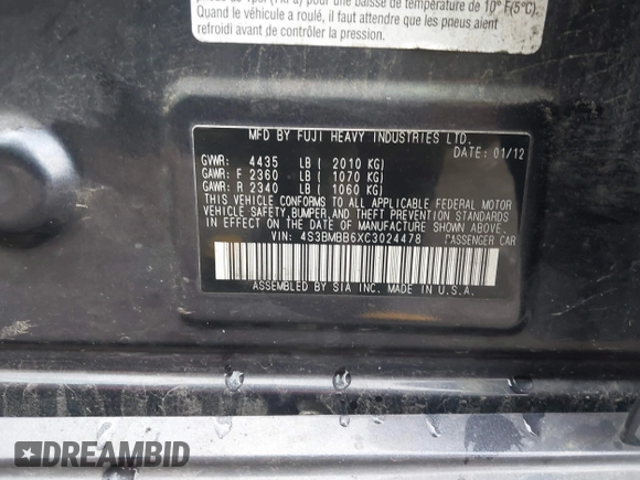 2012 Subaru Legacy Premium с VIN 4S3BMBB6XC3024478, выставлен на аукционе IAAI как лот 41191698 с пробегом 198 914 миль миль и . История ставок и продаж доступна на DreamBid. Изображение 9.
