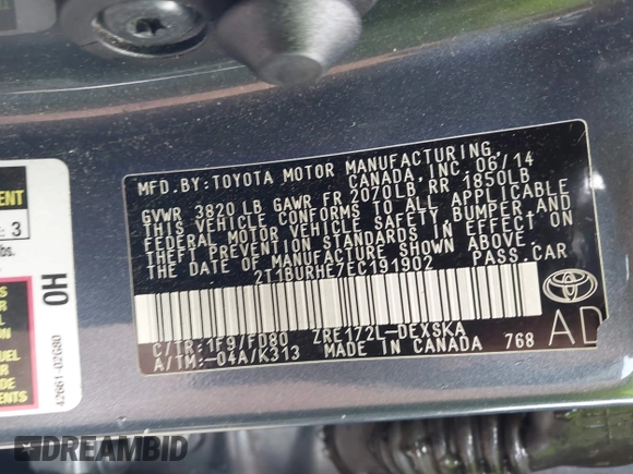 2014 Toyota Corolla L with VIN 2T1BURHE7EC191902, listed as a IAAI auction lot 42084097 with 177,927 mi miles and . Bid and sale history available at DreamBid. Image 9.