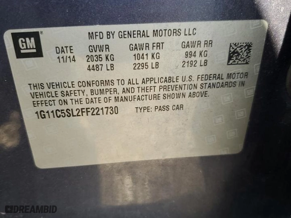 2015 Chevrolet Malibu LT with VIN 1G11C5SL2FF221730, listed as a Copart auction lot 51801395 with 141,005 mi miles and Salvage Title. Bid and sale history available at carsss.com. Image 12.