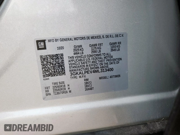 2021 GMC Terrain SLT with VIN 3GKALPEV4ML313400, listed as a Copart auction lot 59043905 with Not provided miles and Salvage title. Bid and sale history available at DreamBid. Image 14.