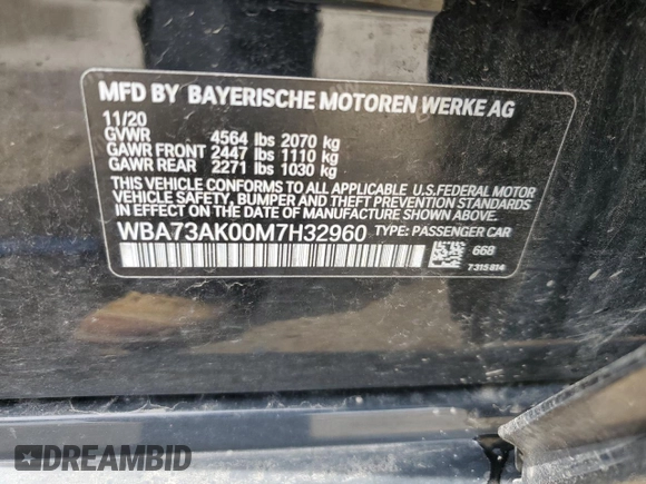 2021 BMW 2 Series 228i xDrive with VIN WBA73AK00M7H32960, listed as a Copart auction lot 52205695 with 39,240 mi miles and Salvage title. Bid and sale history available at DreamBid. Image 12.