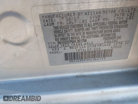 2017 Nissan Note SV with VIN 3N1CE2CP5HL361759, listed as a IAAI auction lot 42566344 with 190,938 mi miles and . Bid and sale history available at DreamBid. Image 9.