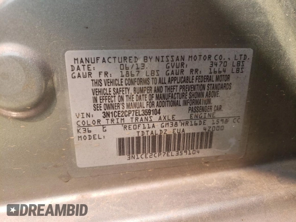 2014 Nissan Note S with VIN 3N1CE2CP7EL359104, listed as a Copart auction lot 60210585 with 65,508 mi miles and Salvage title. Bid and sale history available at DreamBid. Image 12.