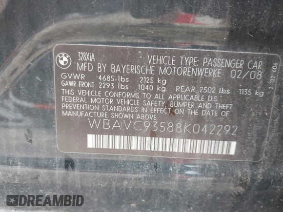 2008 BMW 3 Series 328xi с VIN WBAVC93588K042292, выставлен на аукционе IAAI как лот 42565917 с пробегом 179 188 миль миль и . История ставок и продаж доступна на DreamBid. Изображение 9.