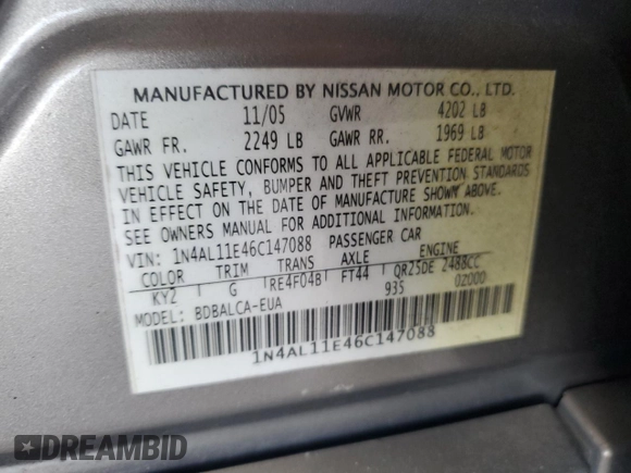 2006 Nissan Altima 2.5 S with VIN 1N4AL11E46C147088, listed as a Copart auction lot 49548465 with 134,610 mi miles and Salvage Title. Bid and sale history available at carsss.com. Image 14.