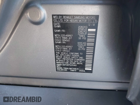 2019 Nissan Rogue SV with VIN KNMAT2MT3KP525060, listed as a IAAI auction lot 41770350 with 123,614 mi miles. Bid and sale history available at carsss.com. Image 9.