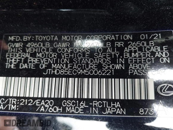 2021 Lexus RC 300 with VIN JTHD85EC9M5006221, listed as a IAAI auction lot 42516783 with 21,029 mi miles and . Bid and sale history available at DreamBid. Image 9.