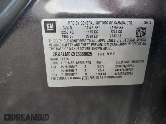2014 GMC Terrain SLE with VIN 2GKALMEKXE6350025, listed as a Copart auction lot 85796324 with 132,285 mi miles and Salvage Title. Bid and sale history available at DreamBid. Image 13.