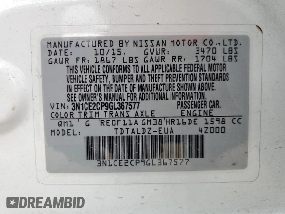 2016 Nissan Note S с VIN 3N1CE2CP9GL367577, выставлен на аукционе Copart как лот 59546535 с пробегом 54 705 миль миль и Списание • Salvage title. История ставок и продаж доступна на DreamBid. Изображение 12.