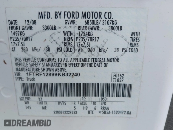2009 Ford F-150 XL с VIN 1FTRF12899KB32240, выставлен на аукционе IAAI как лот 42437862 с пробегом 174 045 миль миль и . История ставок и продаж доступна на DreamBid. Изображение 9.