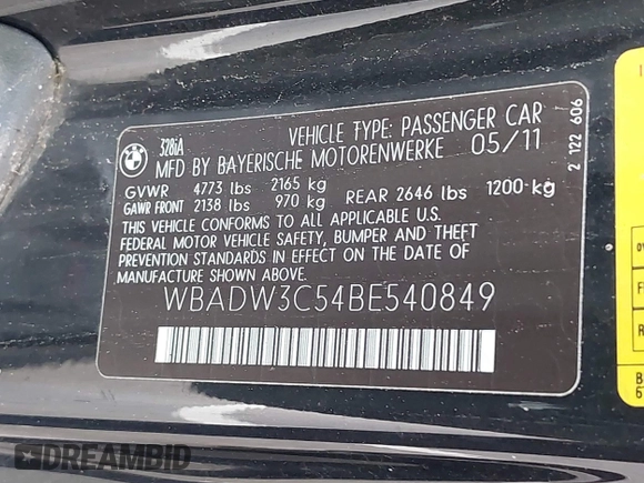 2011 BMW 3 Series 328i with VIN WBADW3C54BE540849, listed as a IAAI auction lot 41514147 with 141,959 mi miles. Bid and sale history available at carsss.com. Image 9.