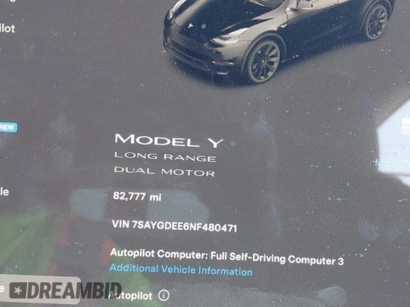 2022 Tesla Model Y Long Range with VIN 7SAYGDEE6NF480471, listed as a IAAI auction lot 41985797 with 82,777 mi miles and . Bid and sale history available at DreamBid. Image 7.