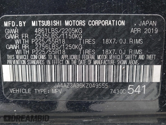 2019 Mitsubishi Outlander ES with VIN JA4AZ3A36KZ049555, listed as a IAAI auction lot 42567525 with 170,346 mi miles and . Bid and sale history available at DreamBid. Image 9.