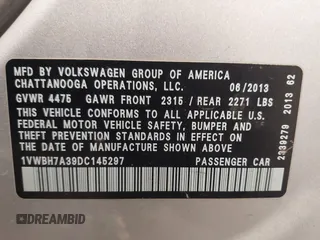 2013 Volkswagen Passat SE with VIN 1VWBH7A39DC145297, listed as a IAAI auction lot 42048991 with 146,897 mi miles and . Bid and sale history available at DreamBid. Image 9.