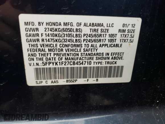 2012 Honda Ridgeline RT with VIN 5FPYK1F27CB454710, listed as a Copart auction lot 57634595 with 168,131 mi miles and Salvage title. Bid and sale history available at DreamBid. Image 12.