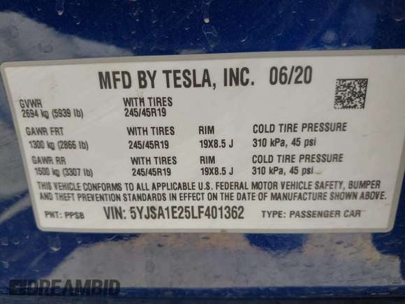 2020 Tesla Model S Long Range with VIN 5YJSA1E25LF401362, listed as a IAAI auction lot 41771363 with 28,015 mi miles. Bid and sale history available at carsss.com. Image 9.