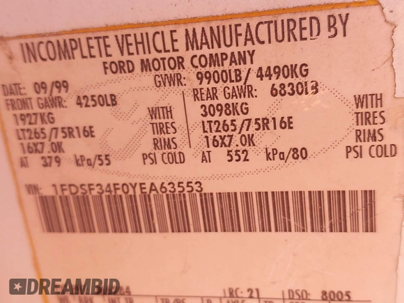 2000 Ford F-350 XL with VIN 1FDSF34F0YEA63553, listed as a IAAI auction lot 42698138 with 329,643 mi miles and . Bid and sale history available at DreamBid. Image 9.