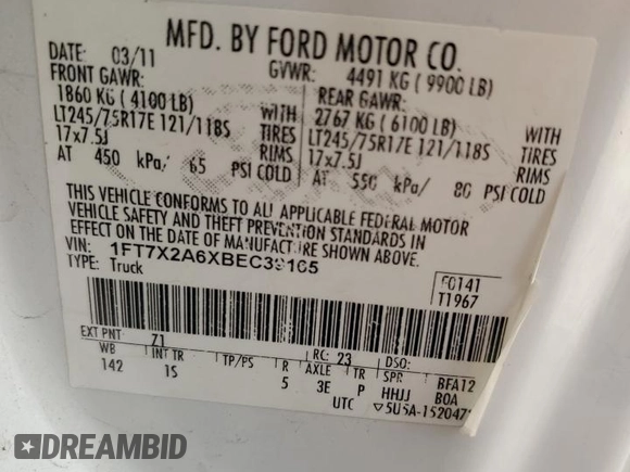 2011 Ford F-250 XL with VIN 1FT7X2A6XBEC39165, listed as a Copart auction lot 50987675 with 138,901 mi miles and Salvage title. Bid and sale history available at DreamBid. Image 12.