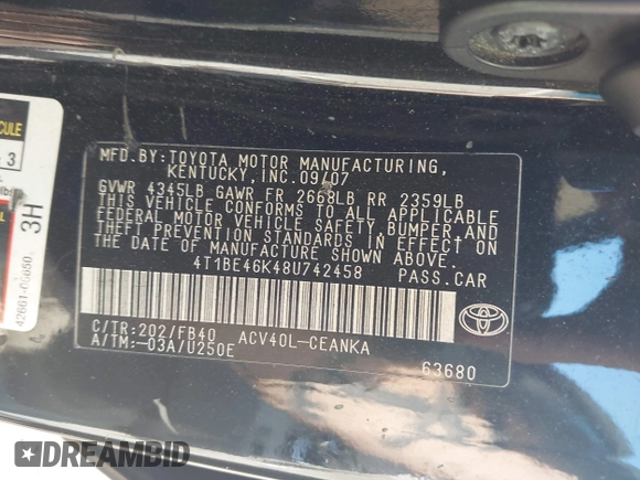2008 Toyota Camry LE with VIN 4T1BE46K48U742458, listed as a IAAI auction lot 42177772 with 167,248 mi miles and . Bid and sale history available at DreamBid. Image 9.