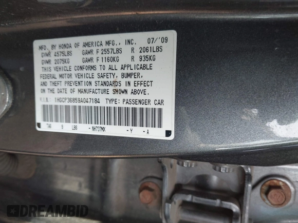 2009 Honda Accord EX-L with VIN 1HGCP36859A047184, listed as a IAAI auction lot 41792024 with 235,434 mi miles and . Bid and sale history available at DreamBid. Image 9.
