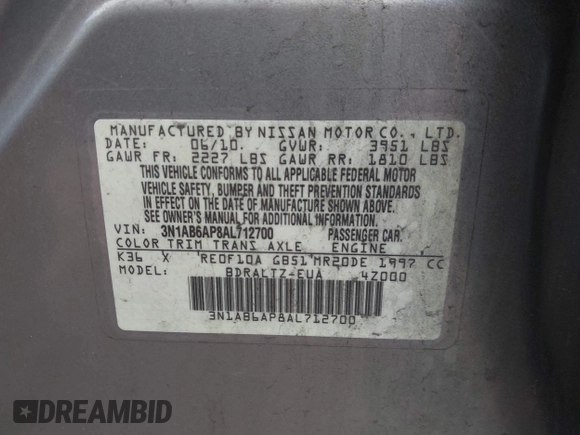 2010 Nissan Sentra SR with VIN 3N1AB6AP8AL712700, listed as a IAAI auction lot 41937239 with 209,455 mi miles and . Bid and sale history available at DreamBid. Image 9.