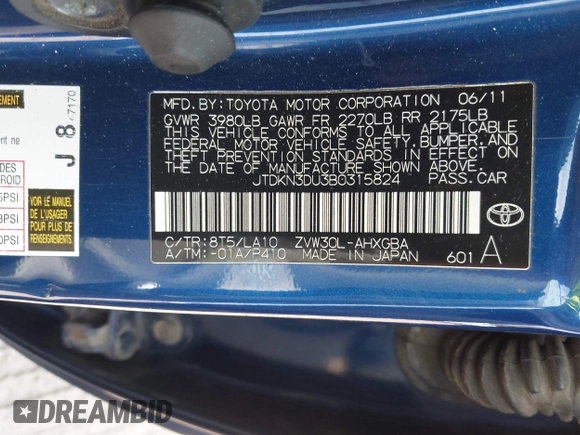 2011 Toyota Prius I with VIN JTDKN3DU3B0315824, listed as a IAAI auction lot 42034022 with 230,653 mi miles. Bid and sale history available at carsss.com. Image 9.