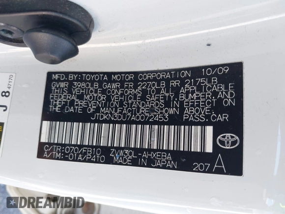 2010 Toyota Prius II z VIN JTDKN3DU7A0072453, wystawiony jako IAAI lot #42234870 z przebiegiem 242 177 mil mil oraz . Historia ofert i sprzedaży dostępna na DreamBid. Obrazek 9.