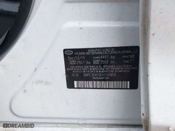 2015 Hyundai Sonata 2.4L Limited with VIN 5NPE34AF0FH154954, listed as a IAAI auction lot 41740057 with 1 mi miles. Bid and sale history available at carsss.com. Image 9.