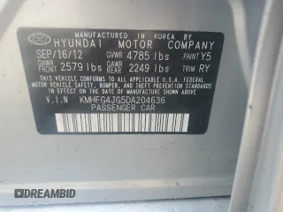 2013 Hyundai Azera с VIN KMHFG4JG5DA204636, выставлен на аукционе Copart как лот 59782945 с пробегом 74 494 миль миль и Списание • Salvage title. История ставок и продаж доступна на DreamBid. Изображение 12.