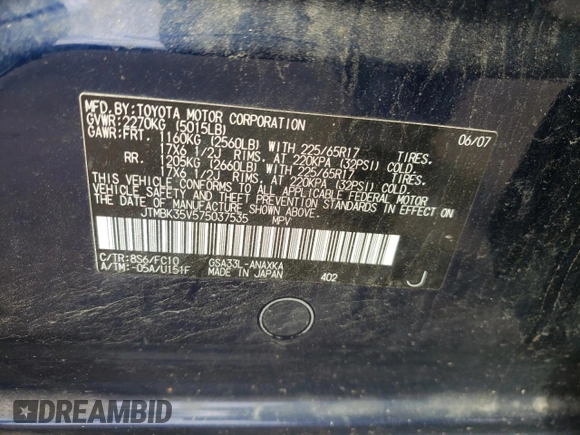 2007 Toyota RAV4 with VIN JTMBK35V575037535, listed as a Copart auction lot 72554074 with 167,443 mi miles and Salvage Title. Bid and sale history available at carsss.com. Image 13.
