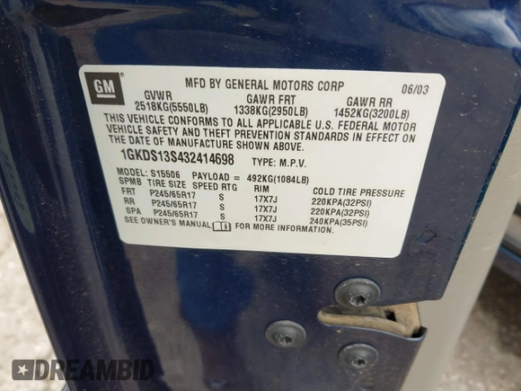 2003 GMC Envoy SLE z VIN 1GKDS13S432414698, wystawiony jako IAAI lot #42338640 z przebiegiem 210 988 mil mil oraz . Historia ofert i sprzedaży dostępna na DreamBid. Obrazek 9.