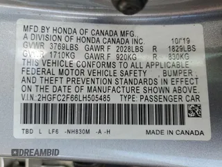 2020 Honda Civic LX z VIN 2HGFC2F66LH505485, wystawiony jako Copart lot #56056845 z przebiegiem 73 394 mil mil oraz Szkoda całkowita • Salvage title. Historia ofert i sprzedaży dostępna na DreamBid. Obrazek 13.