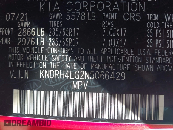 2022 Kia Sorento EX with VIN KNDRH4LG2N5066429, listed as a IAAI auction lot 42653185 with 40,032 mi miles and . Bid and sale history available at DreamBid. Image 9.