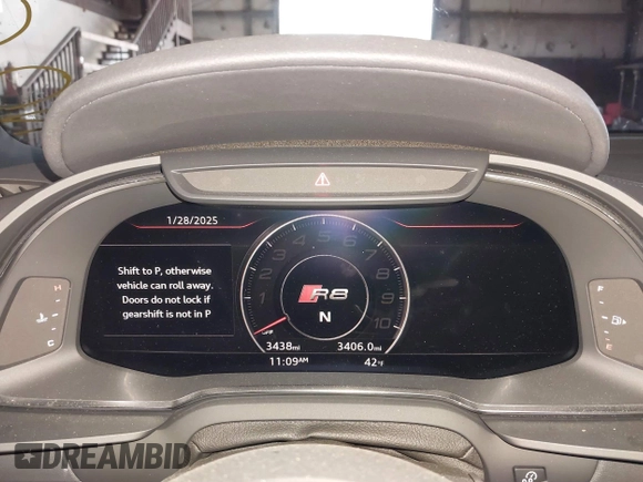 2023 Audi R8 performance quattro with VIN WUACEAFX5P7902124, listed as a IAAI auction lot 41426635 with 3,438 mi miles and . Bid and sale history available at DreamBid. Image 16.