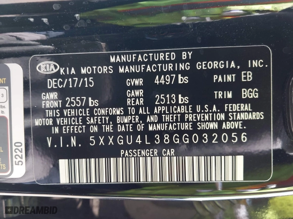 2016 Kia Optima EX with VIN 5XXGU4L38GG032056, listed as a IAAI auction lot 42013867 with 145,466 mi miles. Bid and sale history available at carsss.com. Image 9.