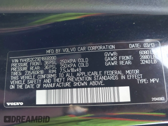2013 Volvo XC90 Premier Plus with VIN YV4952CZ9D1668990, listed as a IAAI auction lot 41757093 with 120,792 mi miles. Bid and sale history available at carsss.com. Image 9.