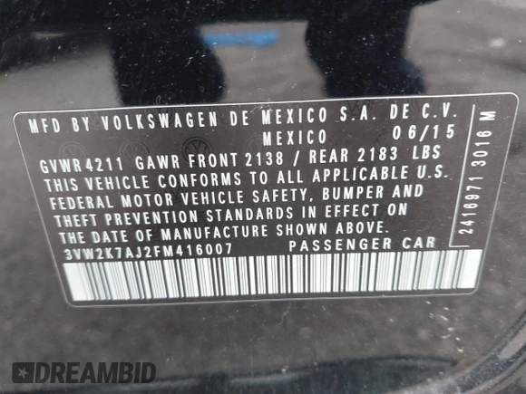2015 Volkswagen Jetta S with VIN 3VW2K7AJ2FM416007, listed as a IAAI auction lot 42422725 with 95,917 mi miles and . Bid and sale history available at DreamBid. Image 9.