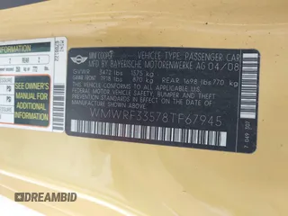 2008 MINI Convertible z VIN WMWRF33578TF67945, wystawiony jako IAAI lot #42315750 z przebiegiem 110 340 mil mil oraz . Historia ofert i sprzedaży dostępna na DreamBid. Obrazek 9.