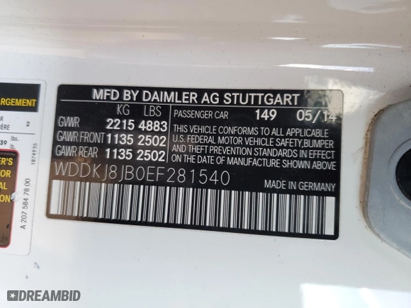 2014 Mercedes-Benz E-Class E 350 with VIN WDDKJ8JB0EF281540, listed as a Copart auction lot 87759215 with 127,510 mi miles and Salvage Title. Bid and sale history available at carsss.com. Image 14.