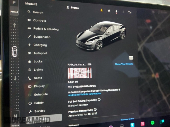 2021 Tesla Model S Plaid with VIN 5YJSA1E68MF432125, listed as a Copart auction lot 60843515 with 5,581 mi miles and Salvage title. Bid and sale history available at DreamBid. Image 9.
